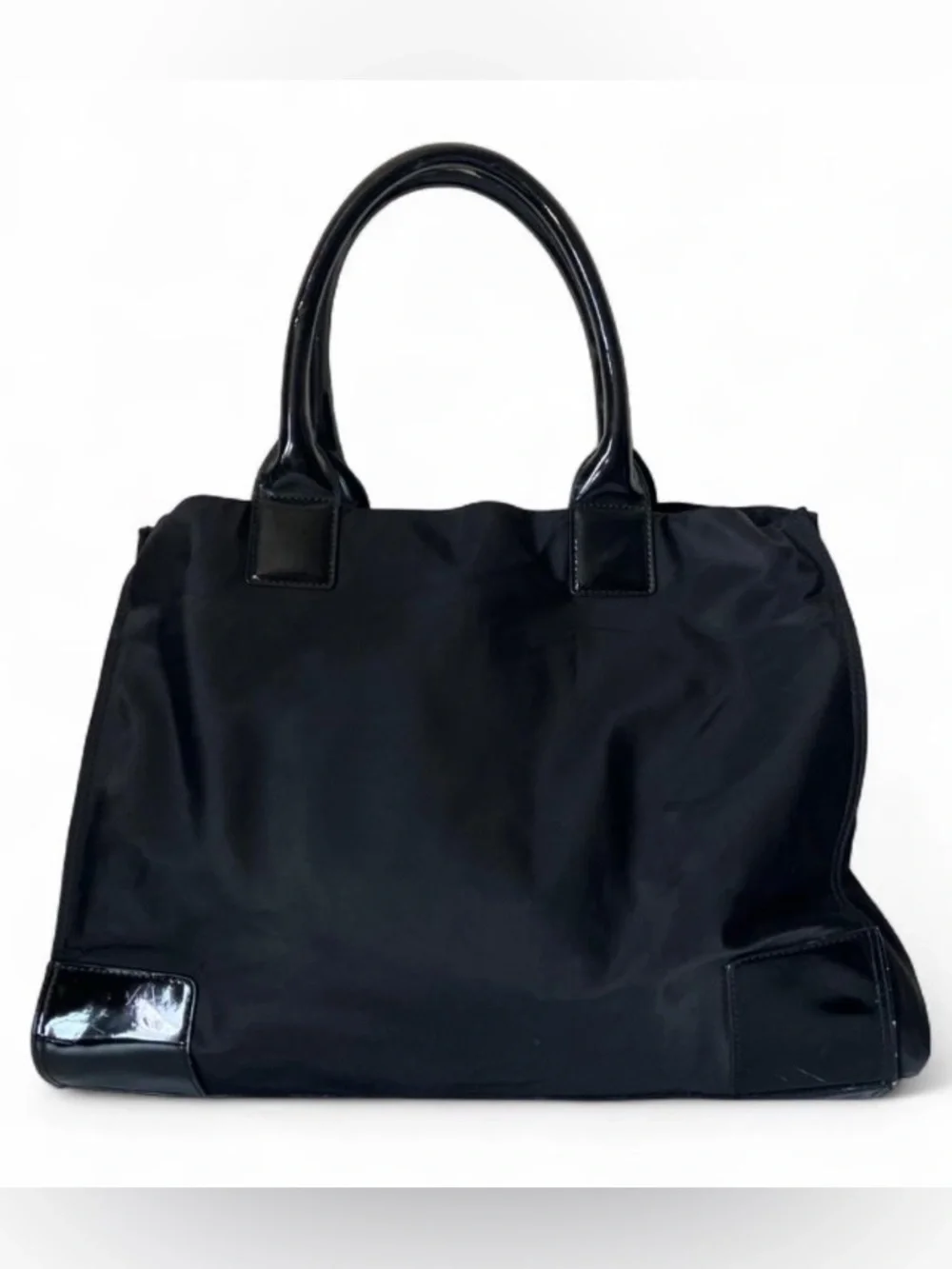 Tory Burch Ella Oversized Nylon Tote Black Patent Logo Large Shoulder Bag - Picture 3 of 6
